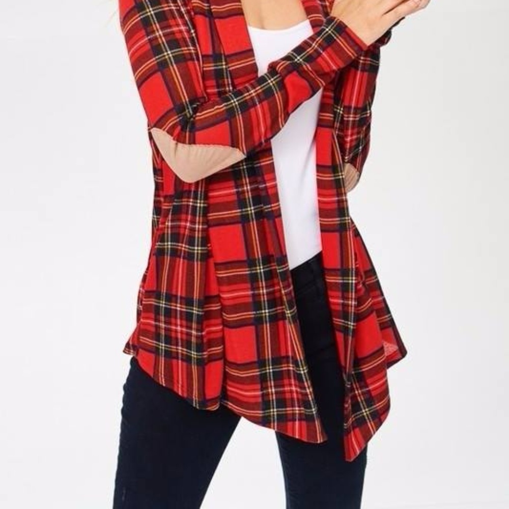NEW cozy Long red plaid open cardigan - Picture 5 of 8